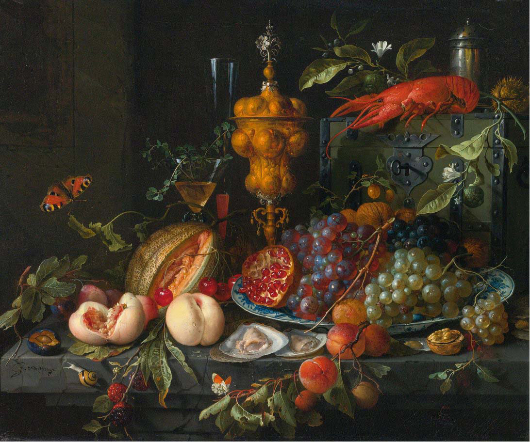 still life of fruits nuts oysters a lobster insects and a snail on a ledge with various vessels